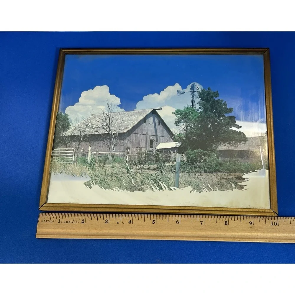Vintage Framed Copper Plated  Mirror Gray Barn with Windmill